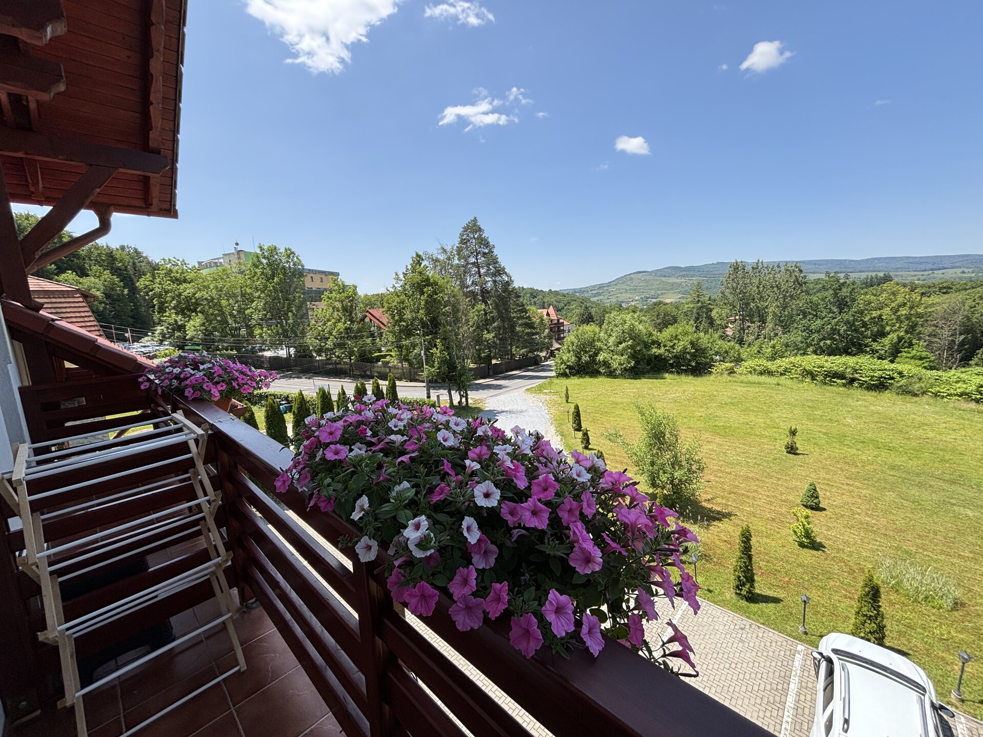 Vedere panoramică de la balconul Vilei Prestige spre munți și grădină
